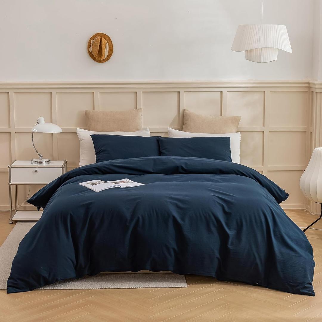 ECOCOTT Navy Blue Duvet Cover Super Queen Size - 100% Washed Cotton Durable Soft Comfy Duvet Cover Set, 3 Pieces Duvet Cover with Zipper Closure (Navy Blue, 98''x90'')