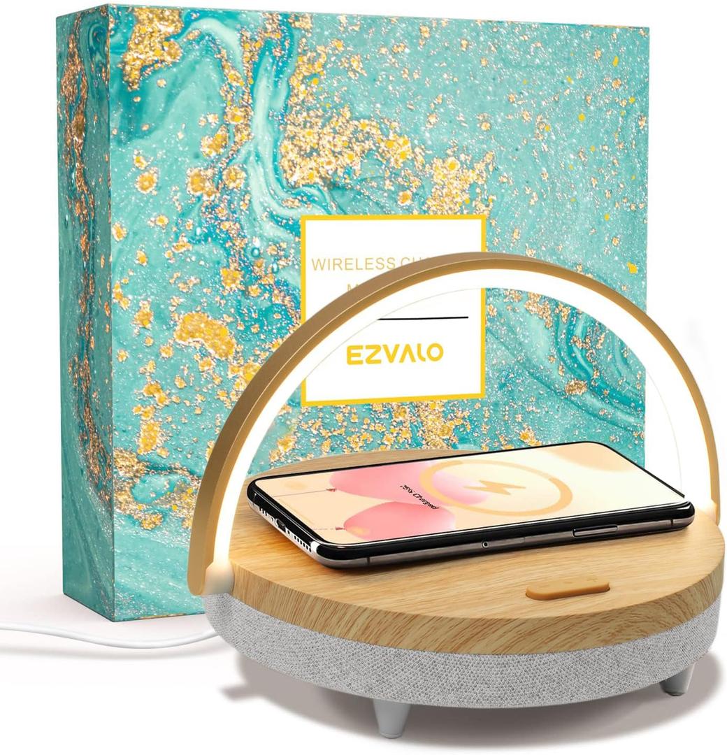 EZVALO Birthday Gifts for Women, Music Table Lamp with Wireless Charger, 4 in 1 Touch Bedside Lamp, Bluetooth Speaker, Phone Holder, Dimmable LED Night Lights Birthday Gifts for Women, Men, Dad, Mom (Wood Grain)