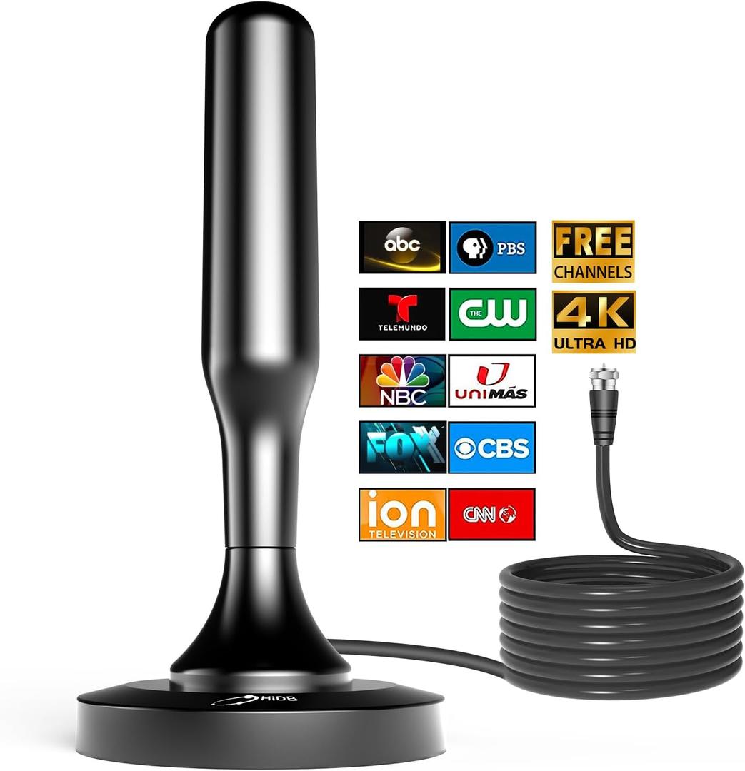 HIDB TV Antenna for Smart TV Indoor, Digital Indoor HD Antennas with Strong Magnetic Base, Easy Installation, Long Range Reception for Local Channels 4K 1080P, 10ft Long Cables (Black) (Black)