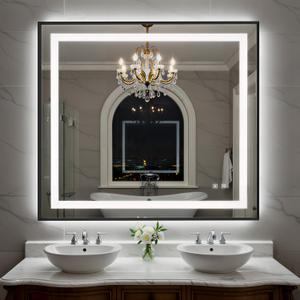 SHUAFA 36X36 Inch LED Bathroom Mirror with Lights, Black Frame Frontlit+ Backlit Bathroom Vanity Mirror for Wall, Ultra-Clear Tempered Glass, Shatter-Proof, Anti-Fog and Memory Function, ETL Listed