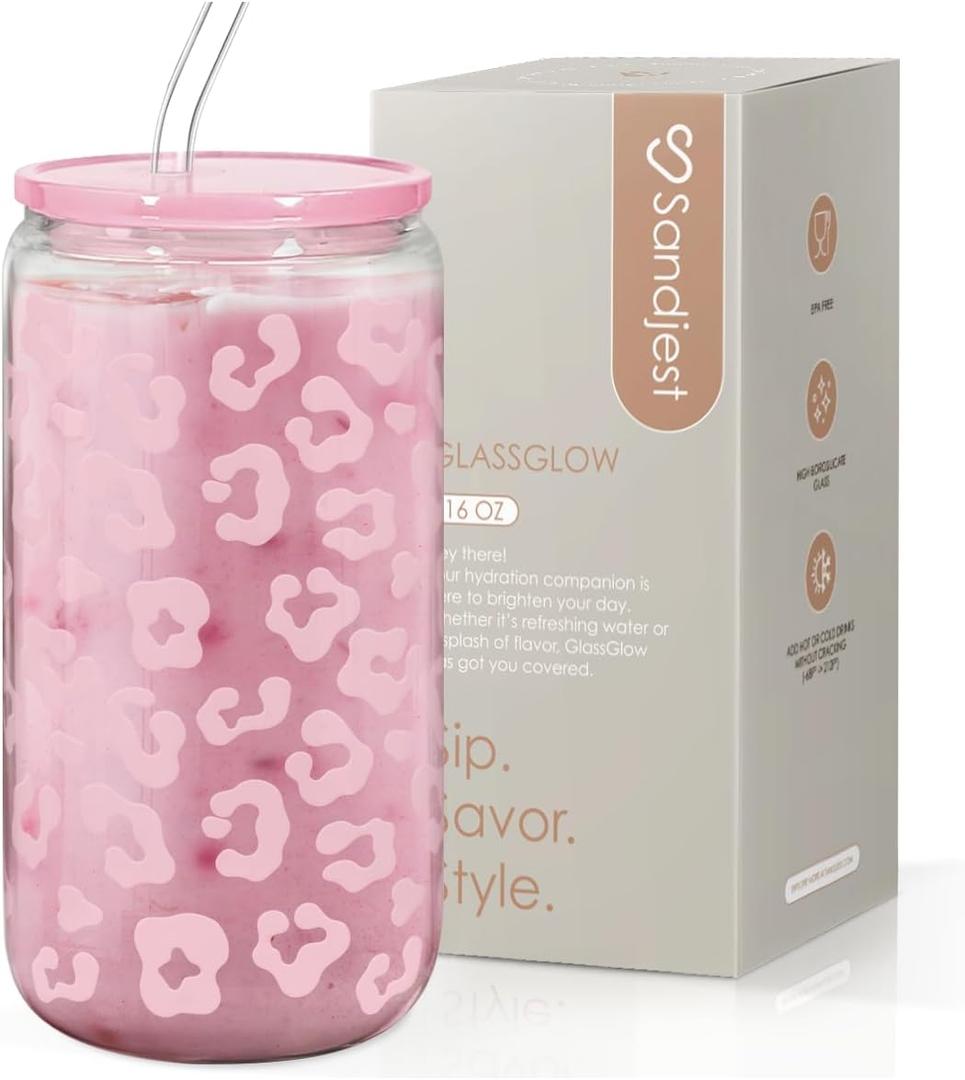 Leopard Glass Bottle, Pink Leopard Print Glass Cup with Lid & Straw, Iced Coffee Aesthetic Glass Can, Gifts for Women, Christmas Birthday Mother's Day