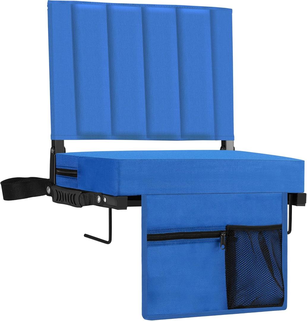 Stadium Seat for Bleachers with Back Support, Portable Bleacher Seat with Wide Comfy Padded Cushion, Metal Hook, Folding Stadium Chair with Shoulder Strap, Carry Handle, Cup Holder (Blue)