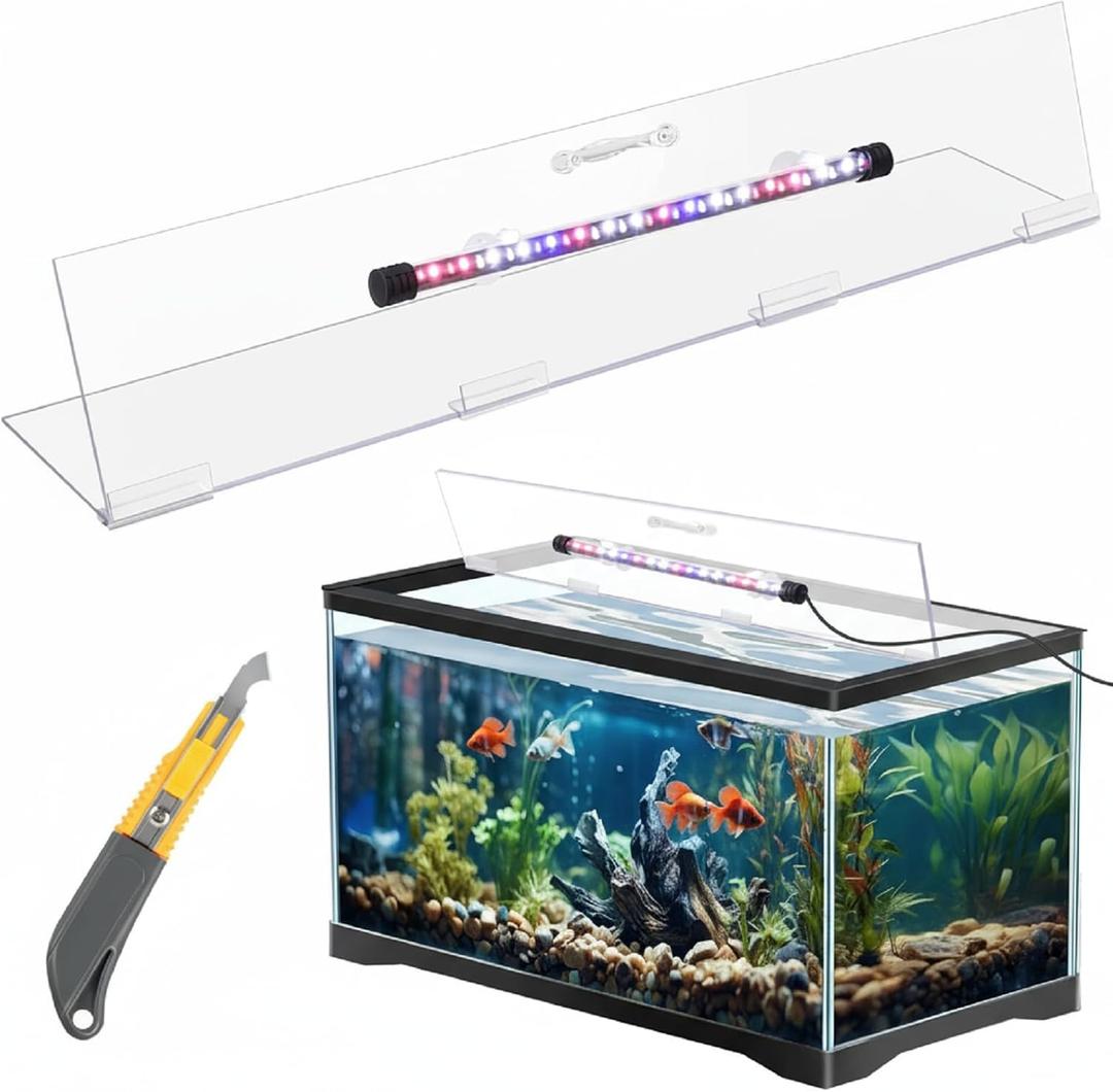 Sieral Aquarium Lids Polycarbonate Canopy with LED Light Without Center Brace Aquariums Cover Fish Tank Lid with a Hook Knife(Clear,20x10in)