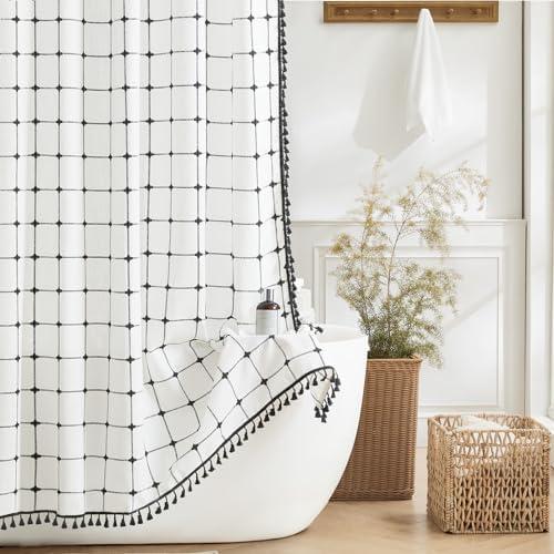 Yuanice Boho Farmhouse Shower Curtain, Linen Rustic Heavy Duty Fabric Shower Curtain Set with Tassels, Modern Bohemian Vintage Thick Cloth Shower Curtains for Bathroom, Waterproof, Black/White, 72x72