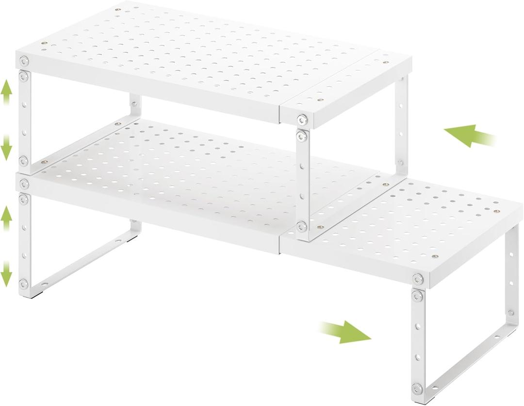Expandable Cabinet Organizer Shelf With Adjustable Height, Stackable Kitchen Countertop Organizer Rack, Adjustable Shelf Riser For Kitchen Counter, Pantry, Cupboard, Desk, Tabletop (White-2 Pack)