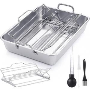 Baderke 5 Pcs Roasting Pan with Rack Set, 10 x 12 Inch Stainless Steel Roasting Pan Set Adjustable V Shaped Turkey Baking Rack for Grilling Dishwasher and Oven Safe