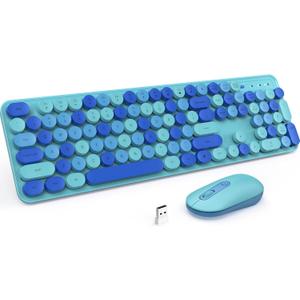 Wireless Keyboard and Mouse, LIZRROT Silent Keyboard Mouse Combo, Full-Sized Colorful Typewriter Keyboard with Round Keycaps, 2.4G Cute Mouse Compatible with PC/Laptop/Computer(Blue)