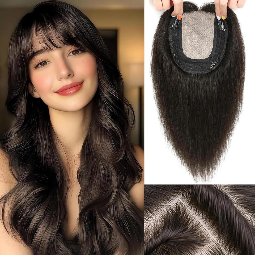 Hair Toppers for Women Real Human Hair, 360 3D Toppers Hairpieces for Women with Thinning Crown Wispy Clip in Bangs 12 Inch Upgrade Big Base (Dark Brown, 12 Inch Wispy Bangs)