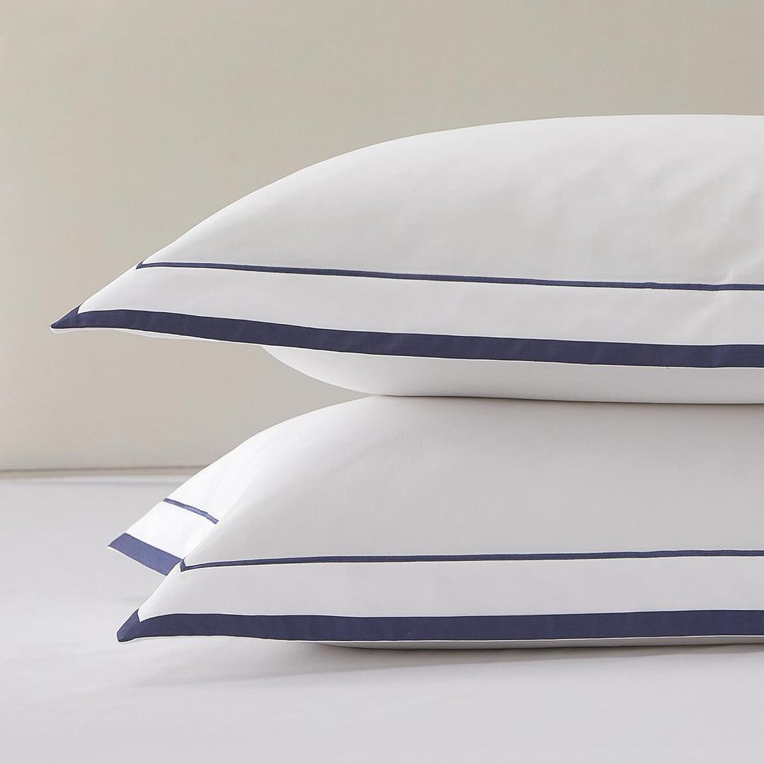 White Pillow Shams Queen Size Set of 2, 100% Cotton Queen Pillow Shams with Navy Embroidered Double Border, Elegant Luxury Hotel Decorative Pillow Cases with Envelpe Closure, 20x30 Inches