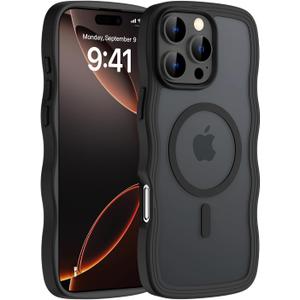 Hualele Magnetic for iPhone 16 Pro Case, Compatible with MagSafe, Military Grade Dropproof Translucent Matte Back Cute Curly Wave Edge Slim Phone Case 16 Pro, Black
