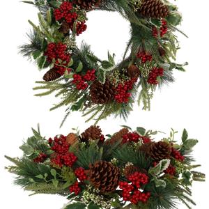 20 Inch Christmas Wreath for Front Door, Artificial Christmas Door Wreath with Pine Needle Holly Pine Cone Red Berry, Winter Snowy Xmas Wreath for Indoor Outdoor Wall Farmhouse Home Dcor