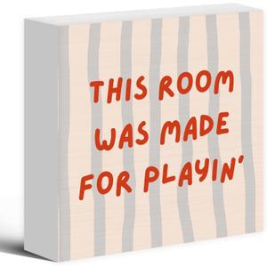 2 x This Room Was Made For Playing Decorations Wood Box Sign Desk Decor, Wooden Block Decorations for Home Office Room Wall Tabletop Shelf Decor