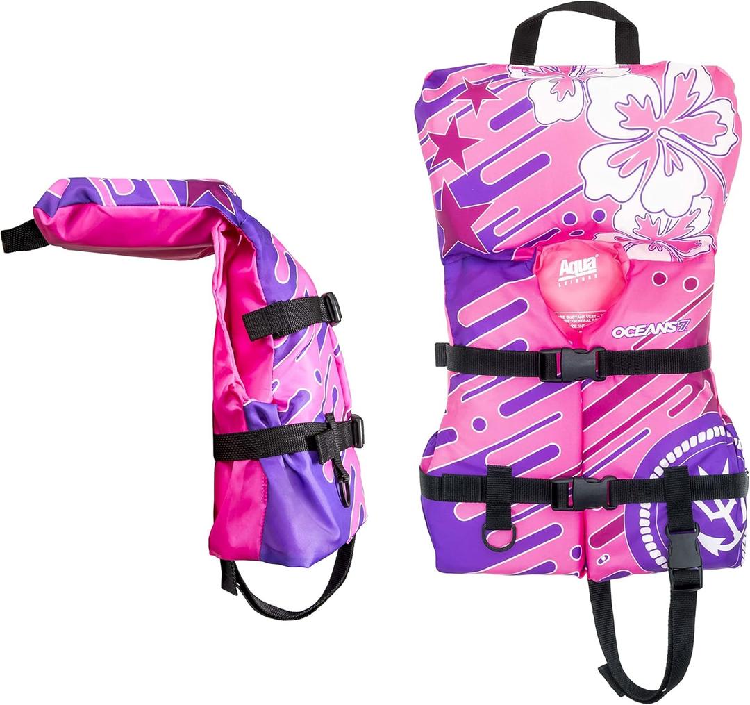 Oceans 7 US Coast Guard Approved Life Jacket for Infant, Kids, Youth, – Type II & III Vest, Personal Flotation Device (Pink/Berry – Infant)