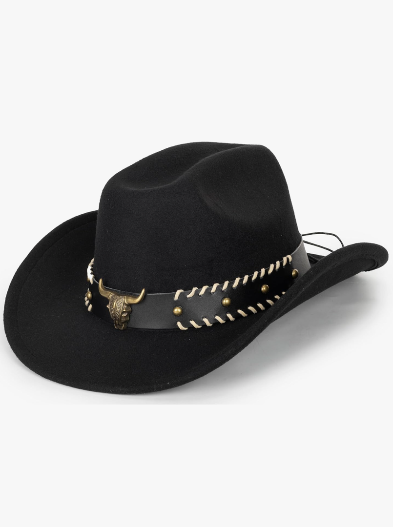Womens Western Cowboy Hats Studded Pinched Western Cowgirl Hats Wide Brim Fedoras Hat with Belt Buckle (Size:Medium)