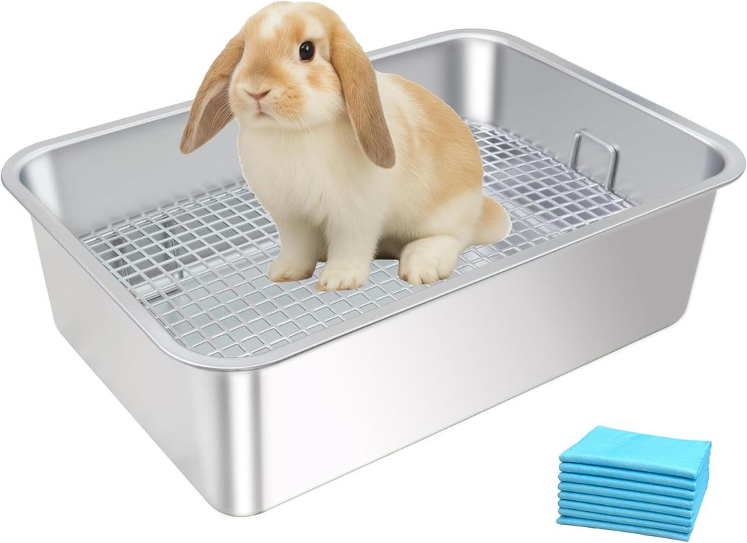 Stainless Steel Rabbit Litter Box,Bunny Litter Pan with Widened Grid,Toilet Tray,High Back Wall,Deep Waste Storage (Medium)