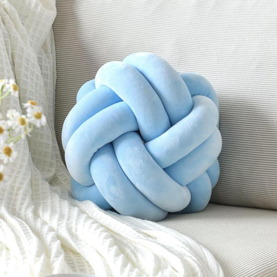 Knot Pillow Ball, Soft Decorative Throw Pillows Cushion, 11 Inch Round Plush Knotted Pillows Light Blue Pillow, Modern Home Throw Knot Decorative Cushion for Bedroom, Sofa, Couch