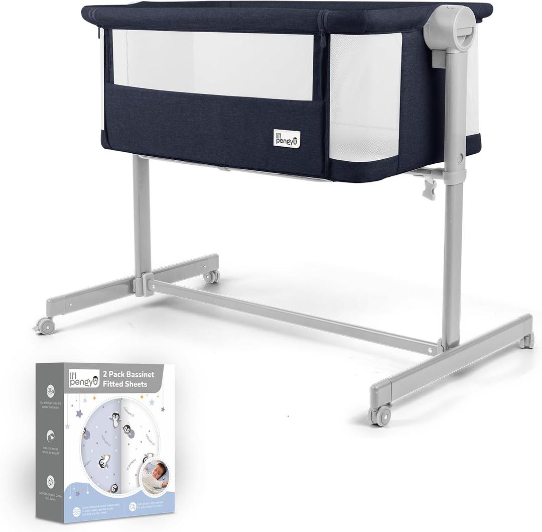 Li’l Pengyu 2-in-1 Baby Bassinet Bedside Sleeper & 2-Pack 100% Organic Cotton Baby Bassinet Fitted Sheets