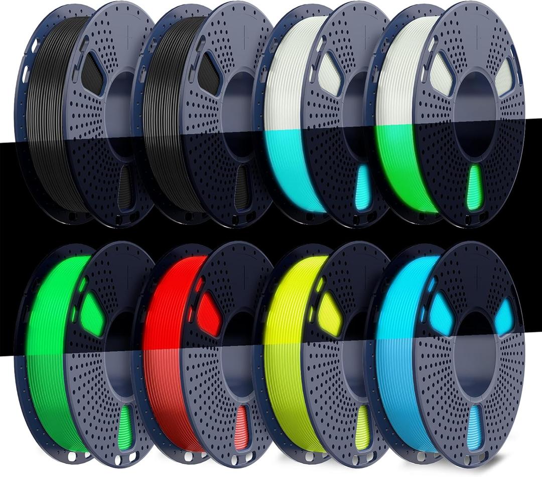 TECBEARS Glow in The Dark Petg FilamentNeatly Wound 3D Printer Filament Bundle250g/Spool, 8 Packs (2 Spool of Black Petg and 6 Spool of Glowing Blue/Green/Red/Yellow)
