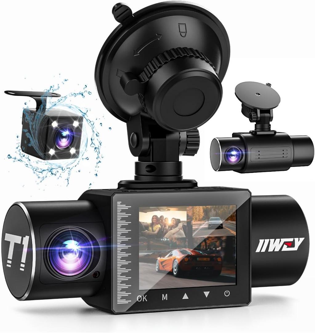 iiwey Dash Cam Front Rear and Inside 1080P Three Channels with IR Night Vision Car Camera SD Card Included Dashboard Camera Dashcam for Cars HDR Motion Detection and G-Sensor for Car, Taxi, Uber