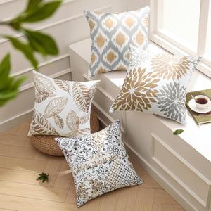 Phantoscope Set of 4 New Living Series Fall Leaf Geometric Coffee Throw Decorative Pillow Cover Cushion Cover 18 x 18 inches 45 x 45 cm
