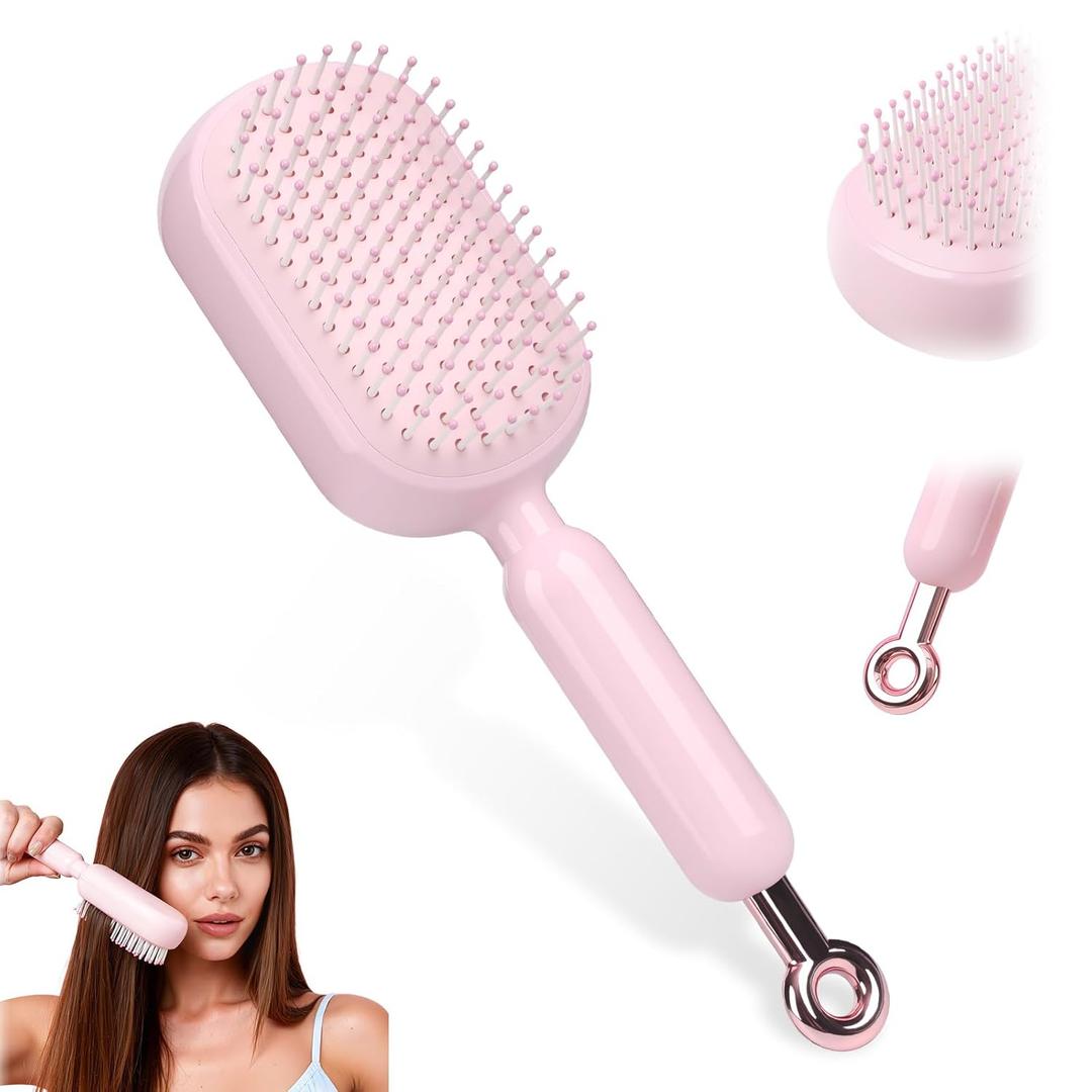 Self Cleaning Hair Brush - Retractable Massage Brush with One-Pull Clean Technology, Anti Static Detangling Brush for Women & Men, Styling Tool for All Hair Types (Pink)