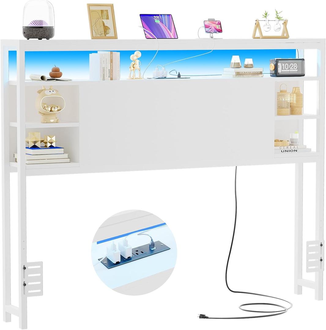 Unikito Full Size Headboard with Storage, Headboards with Outlet and RGB LED Light, Sturdy Head Board for Full Size Bed, Stable Headboard Only for Bedroom, Dorm Room, Guest Room, White