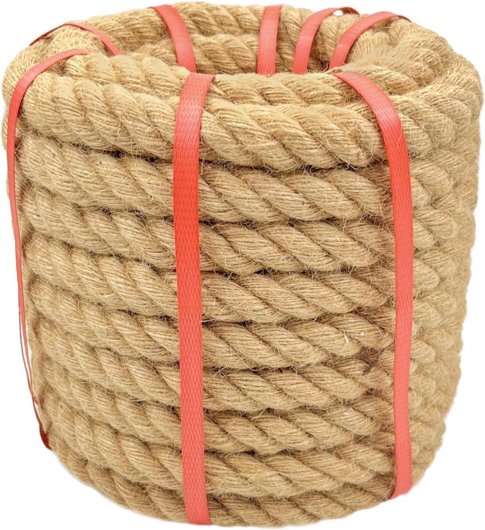1 Inch x 50 Ft Hemp Rope, 900 Lbs Working Strength, 4 Strand Twisted Cord for Tug of War, Porch Swings, Landscaping & Decor