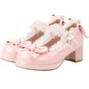LUXMAX Women Kawaii Mid Block Heel Mary Jane Rockabilly Pumps with Bow Platform Chunky Heel Cute Sweet Shoes 35