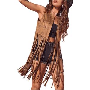 Women's Fringe Vest Sleeveless 70s Hippie Faux Suede Trim Western Cowgirl Tassel Jacket Cardigan (Brown, XL)