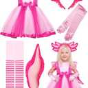 Fourluoo 3 Pcs Pink Axolotl Costume for Girl Pink Tutu Skirt Halloween Cosplay Set for Kid Halloween Dress up Cosplay Party, Size 3-5Y