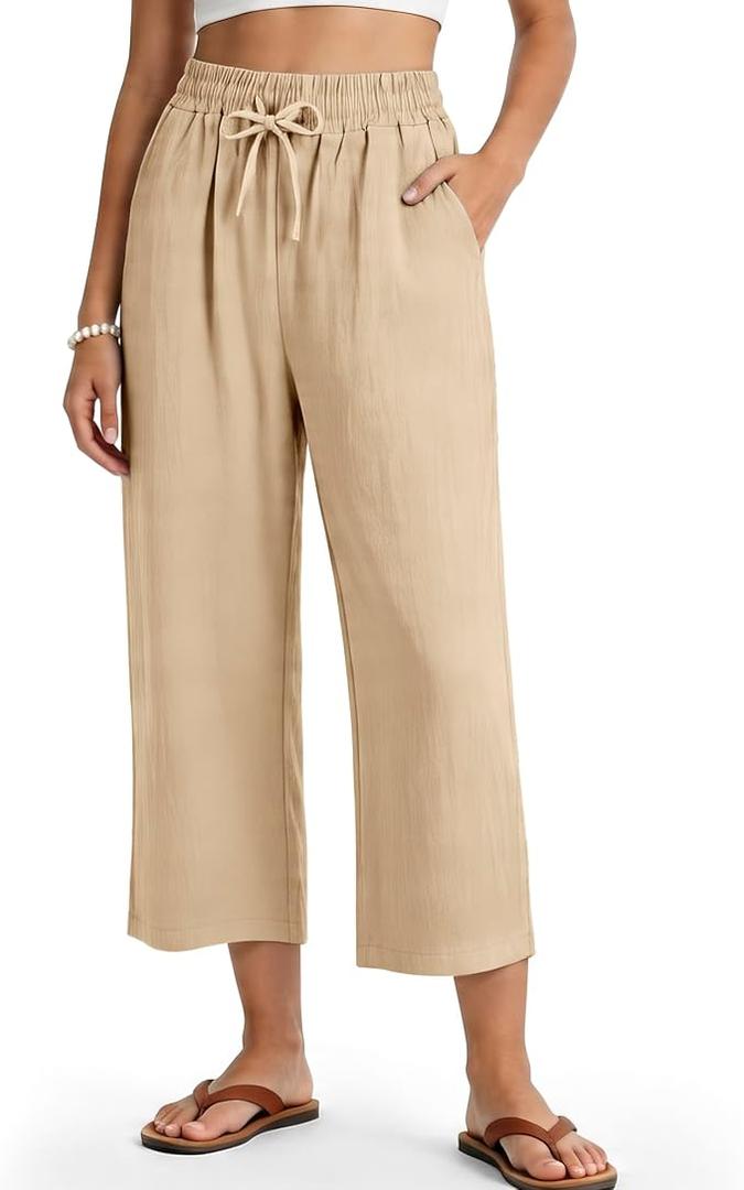 Makepid Women's Casual Capris Pants High Waist Pants Drawstring Loose Fit Summer Trousers with Pockets for Beach Vacation Khaki Medium