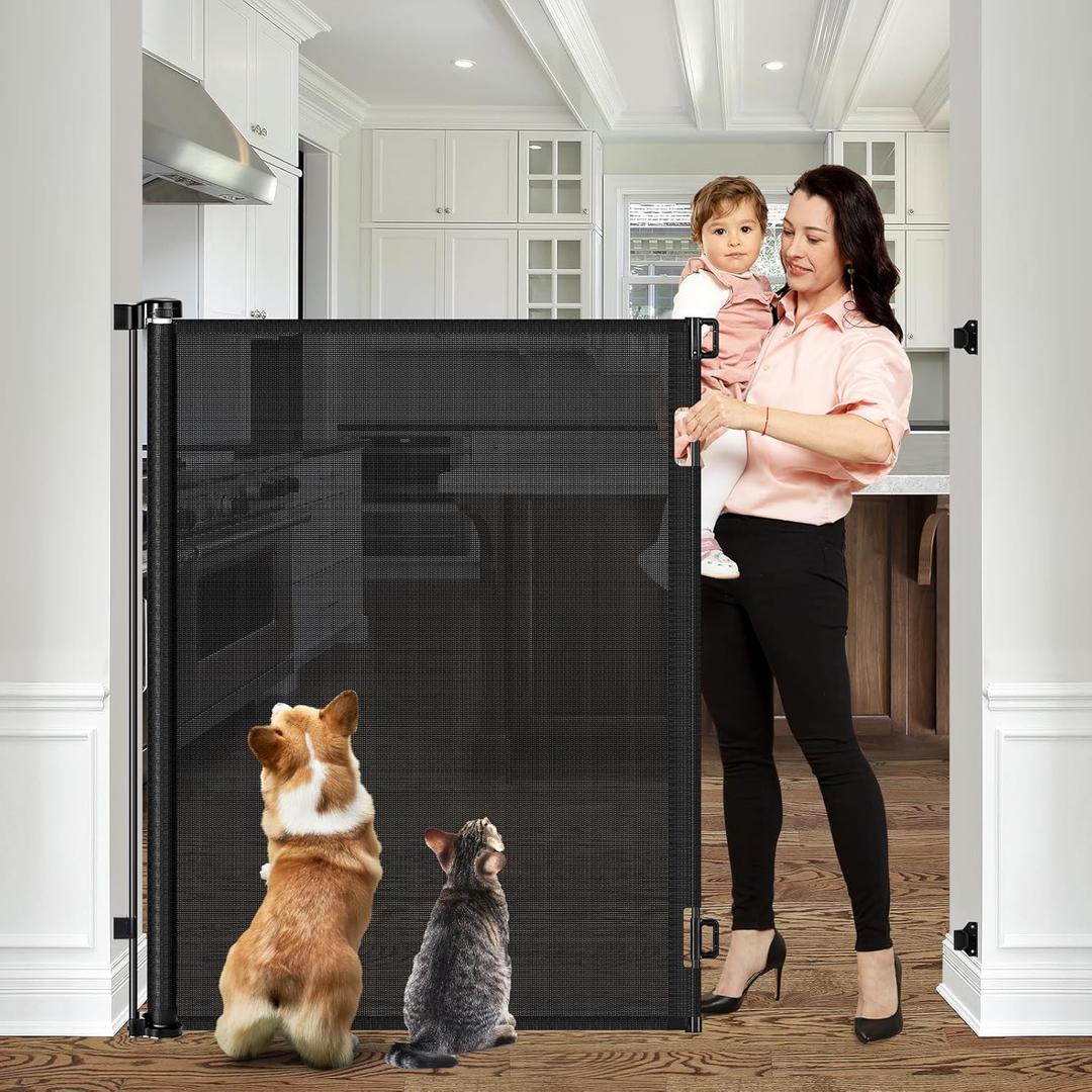 Reinforced 42" Extra Tall Pet Gate 55" Wide Retractable Baby Gate with Support Rods - Retractable Dog Gate Indoor/Outdoor Retractable Gate, Bottom Anti-Escape Tall Dog Gates for Doorways, Black