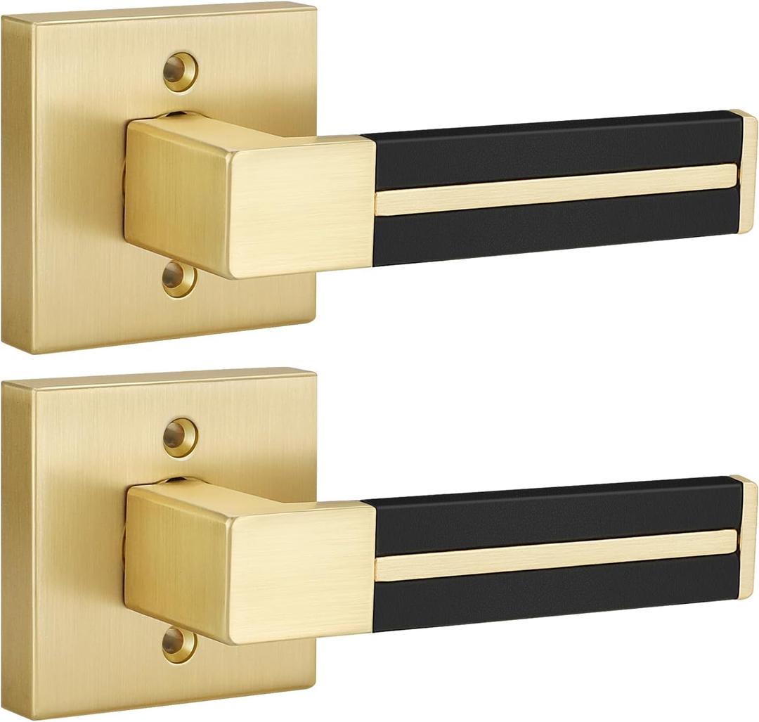 Gold Dummy Door Handles with Brown Leather 2 Pack, Half Dummy No Lock Function Without Latch or Key, Pull or Push Function for Pantry or French Doors