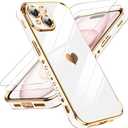 LeYi for iPhone 15 Case: with Tempered Glass Screen Protector [2 Pcs]+ Full Camera Lens Protection,Love Heart Plating Women Cute Luxury Soft TPU Shockproof Case for iPhone 15 (White and Purple)