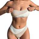 ZAFUL Bikini Sets for Women Strapless Color Block Lace Gingham Patchwork Bandeau Swimsuit 2 Pieces Bathing Suit (Medium, 1-brown)
