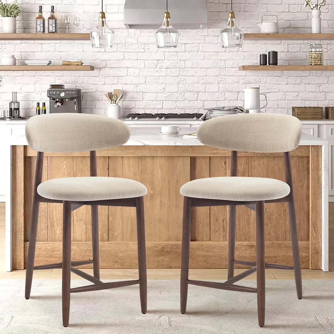 COLAMY Bar Stools Set of 2, Counter Height Bar Stools, Upholstered Counter Stools with Wood Legs for Kitchen Island Dining Room Bar, Beige