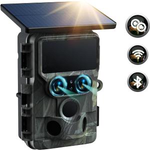 2025 Updated Trail Camera Solar Powered, Starlight Night Vision Dual Lens 60MP 4K 30FPS WiFi Bluetooth Game Hunting Cameras with IMX458 Sensors 0.1S Trigger Deer Cam for Outdoor Wildlife Monitoring