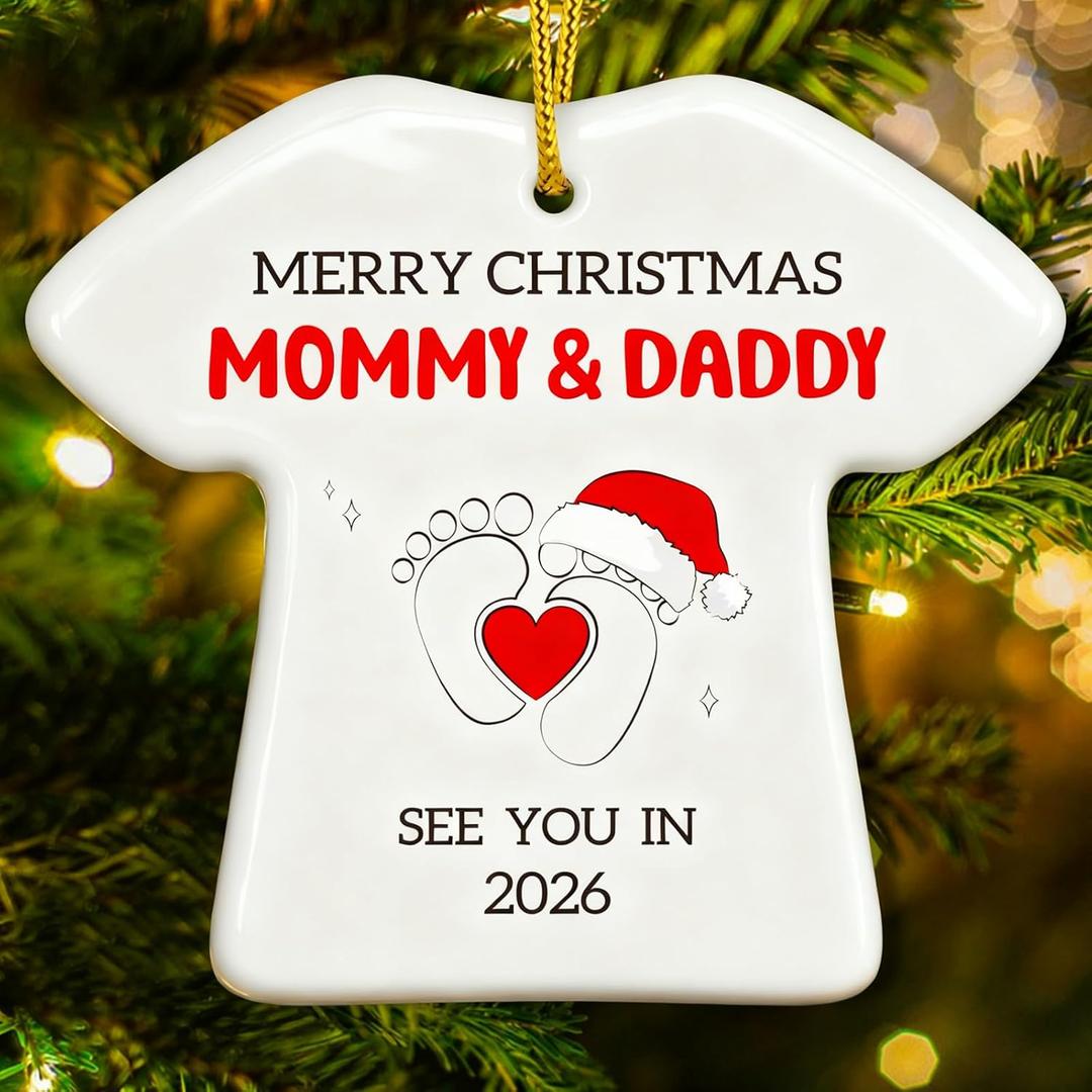 SICOHOME Baby First Christmas Ornaments 2025 - Ceramic Baby Announcement Ornament, Handmade Pregnancy Announcement Expecting Parents to Be Gifts, Merry Christmas Mommy & Daddy See You in 2026