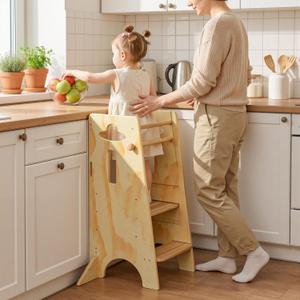 COSYLAND Height Adjustable Toddler Standing Tower(NO Wide Back Panel) - Super Stable Kids Kitchen Stool Helper with 4 Support Blocks - 3 Levels Adjustable Wooden Kitchen Stool (All Natural)
