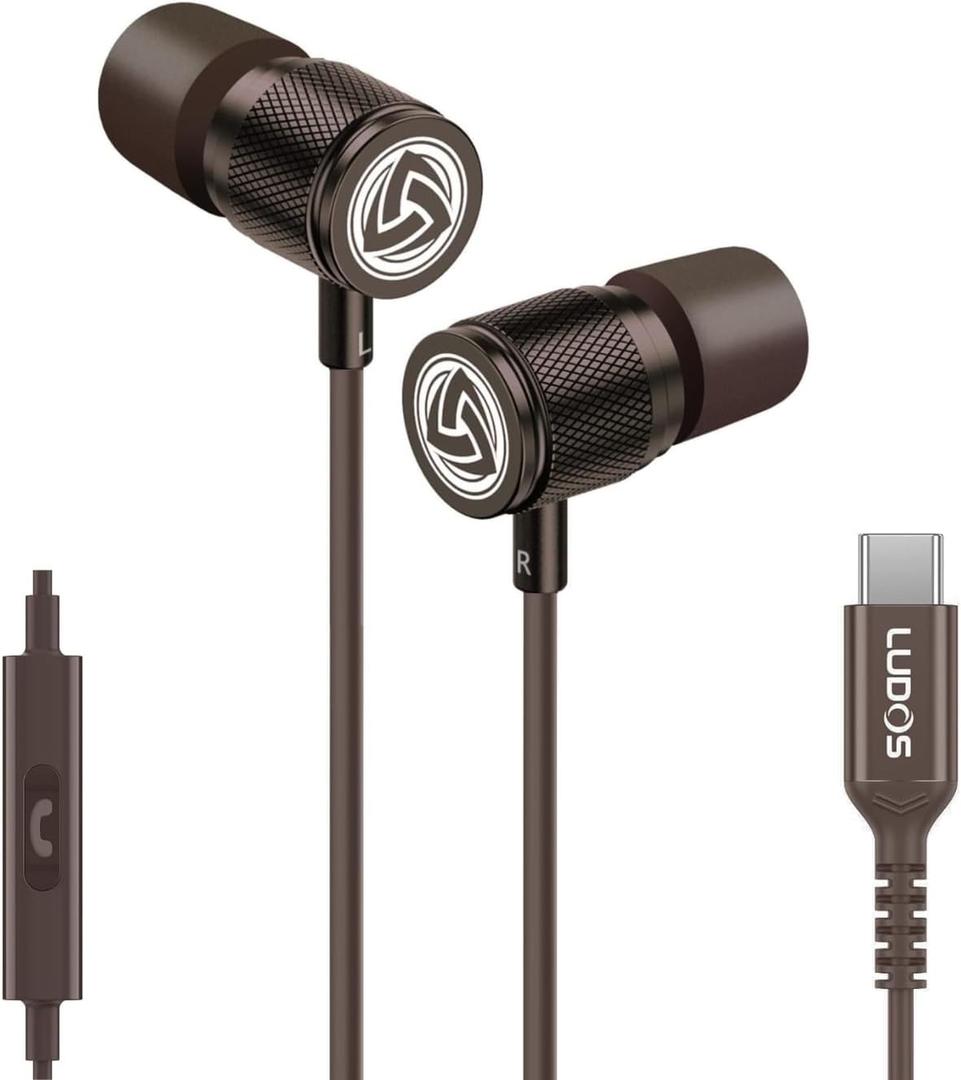 LUDOS Ultra USB C Headphones for iPhone 17 16 15 Pro Max Plus Air iPad Pro, 5 Years Warranty, Magnetic USB-C Earbuds for Samsung Galaxy S24 S23 Ultra S22 S21 FE S20 A55 A54 A53, USB Type C Earphones (Brown)