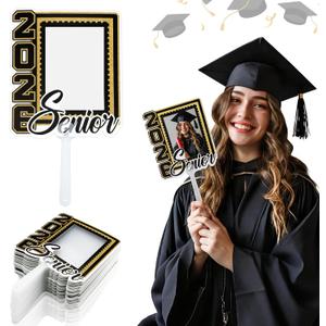 Junkin 24pcs Graduation Fans Custom Face Fans with Handle Double Sided Personalized Big Head Cutout on a Stick Class of 2026 Grad Photo Props Blank DIY Frame for Graduate Party Souvenirs(Black)