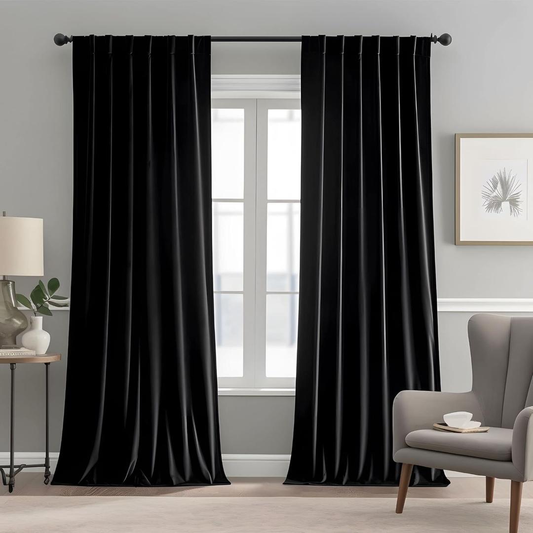 Black Velvet Curtains for Living Room 52" W x 108" L Luxury Blackout Curtains for Bedroom,Thermal Insulated Super Soft Window Drapes Rod Pocket & Back Tab, 2 Panels Set