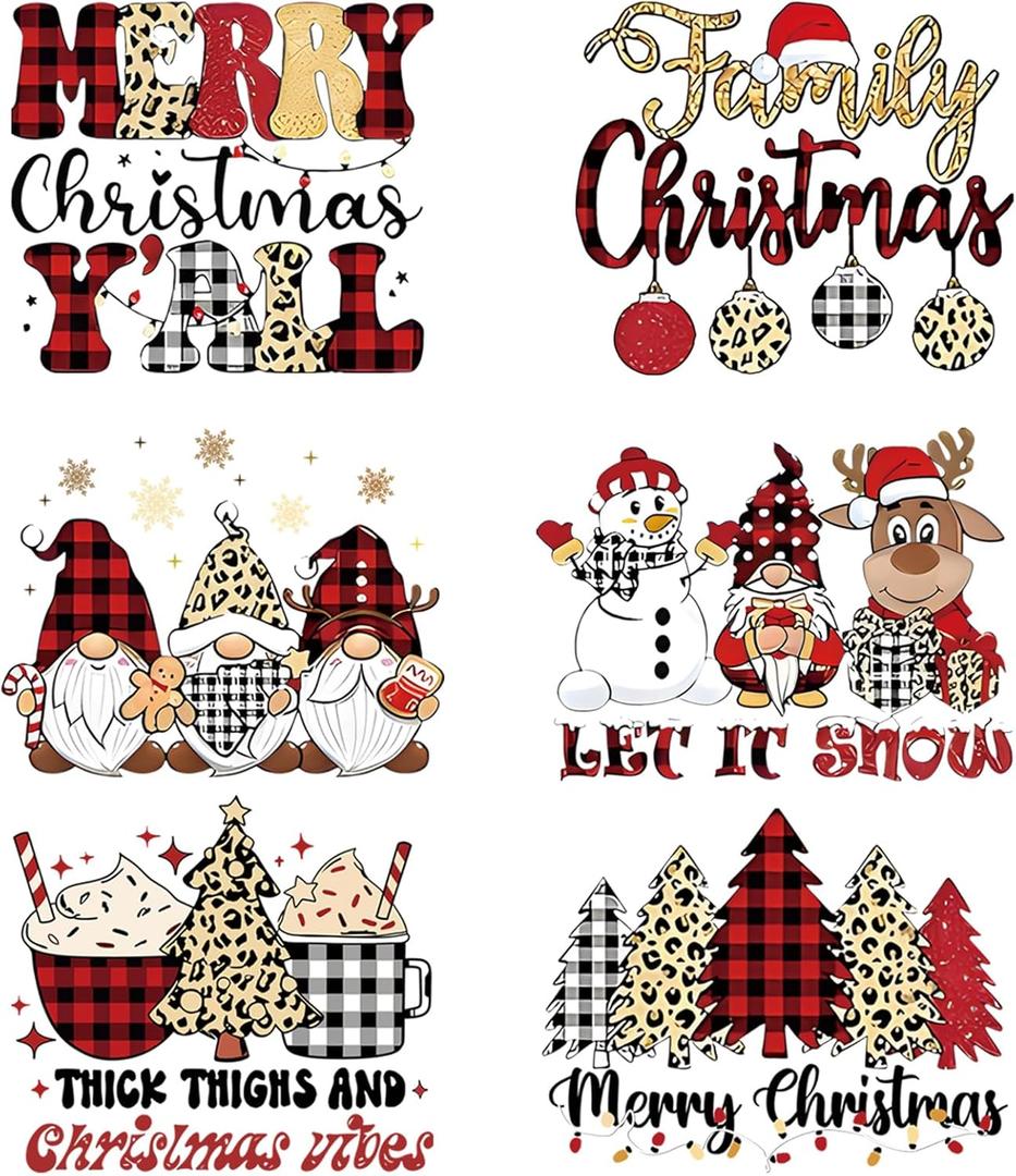 2 x 6PCS Iron On Transfers for T Shirts - Red Black Plaid Leopard Print Heat Transfer Vinyl Designs - Cartoon Snowman for T-Shirts Clothing Backpack DIY Decorations