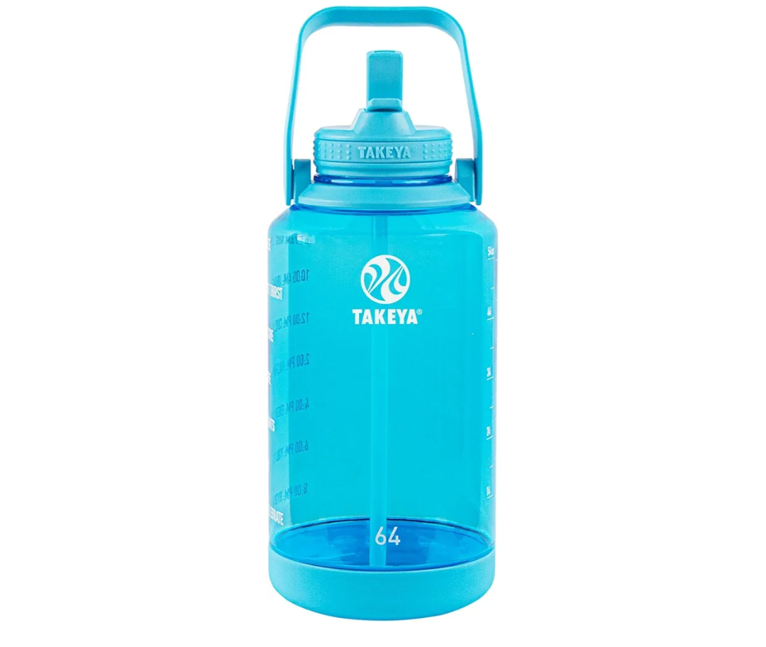 Takeya Tritan 64 oz Motivational Water Bottle with Straw Lid - Durable, BPA-Free - With Time Marker - Leakproof & Non-Slip Bumper - Breezy Blue