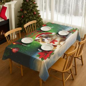 Christmas Tablecloth Fluffy Ragdoll Cat with Blue Eyes & Santa Hat Print 83 x 60 Inch Rectangle Table Cover Holiday Festive Dining Room Cloth Winter Xmas Party Decor