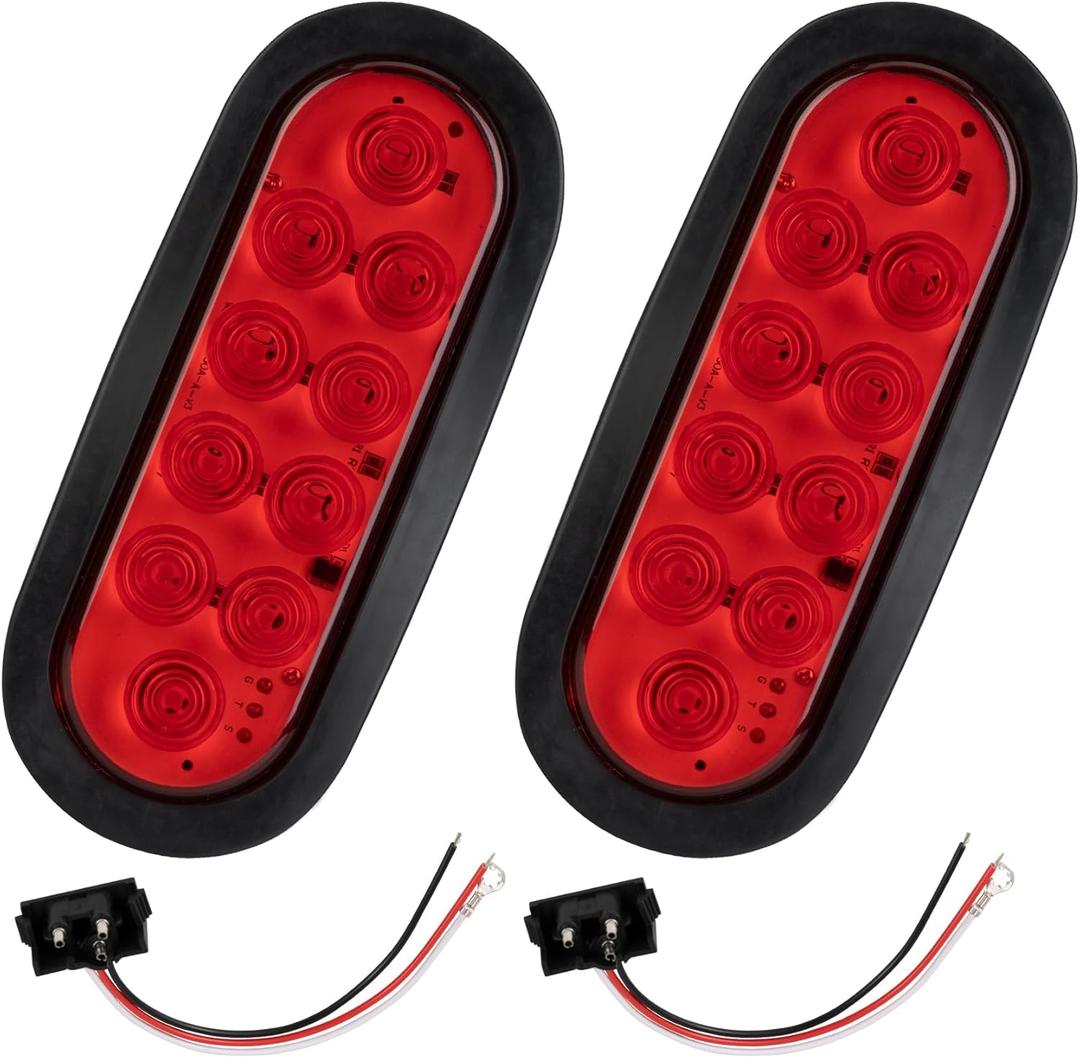 2PCS 6 Inch Oval Red LED Trailer Tail Lights, 10 LEDs Stop/Turn/Brake Lights with Surface Mount Grommets, DOT Certified IP67 Waterproof for Truck RV Boat Trailer Bus