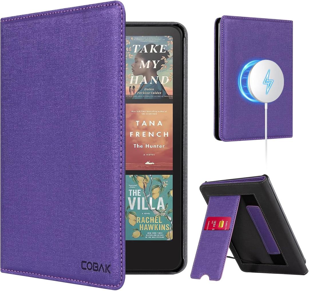 CoBak Stand Case for 7" Kindle Paperwhite 12th Gen 2024 and Kindle Colorsoft with Hand Strap - Compatible with iPhone MagSafe, for Samsung/Belkin/Anker Wireless Charging Pads, Durable, Auto Sleep Wake (*Purple)