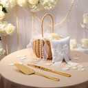 4 Pack Wicker Flower Girl Basket with Ring Bearer Pillow, 300 Pcs Silk Petals and Gold Cake Cuttings Flower Basket with Pearl and Bow Wedding Essentials Bundle Set for Ceremony Bridal Shower