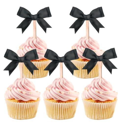 24 Pcs Black Bow Cupcake Toppers for Coquette Party Decorations, Baby Shower and Birthday Cake Supplies (Black)