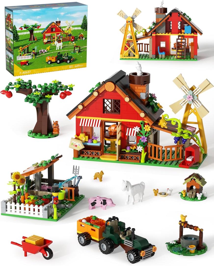 Muiurple Farm House Building Set, Farm Set with Tractor Toys and Windmill, Farm Building Kits with Horse Cow and Chicks, Educational Toys for Kids Ages 6+ Easter Present Home Decoration